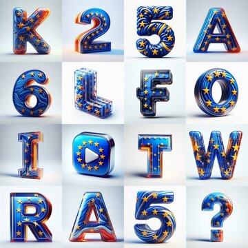 Glass letters shape in colors EU flag 3D Lettering Typeface. AI generated illustration