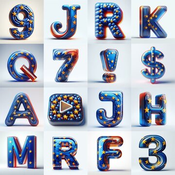 Glass letters shape in colors EU flag 3D Lettering Typeface. AI generated illustration