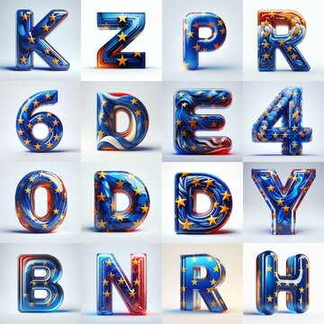 Glass letters shape in colors EU flag 3D Lettering Typeface. AI generated illustration