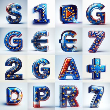 Glass letters shape in colors EU flag 3D Lettering Typeface. AI generated illustration