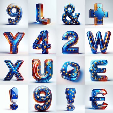 Glass letters shape in colors EU flag 3D Lettering Typeface. AI generated illustration