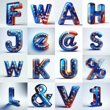 Glass letters shape in colors EU flag 3D Lettering Typeface. AI generated illustration