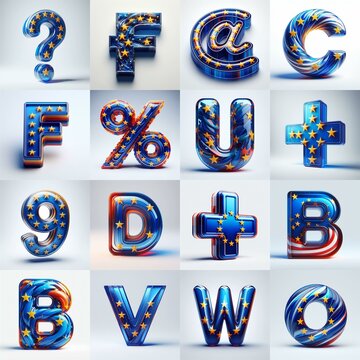 Glass letters shape in colors EU flag 3D Lettering Typeface. AI generated illustration