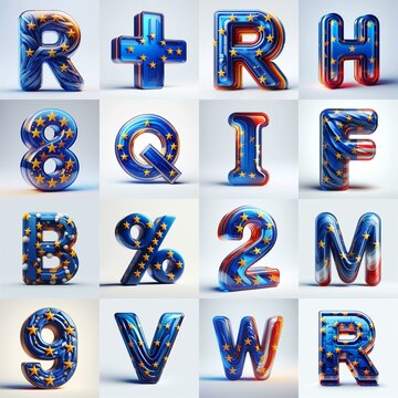 Glass letters shape in colors EU flag 3D Lettering Typeface. AI generated illustration