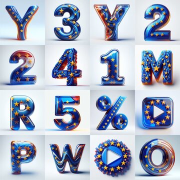 Glass letters shape in colors EU flag 3D Lettering Typeface. AI generated illustration