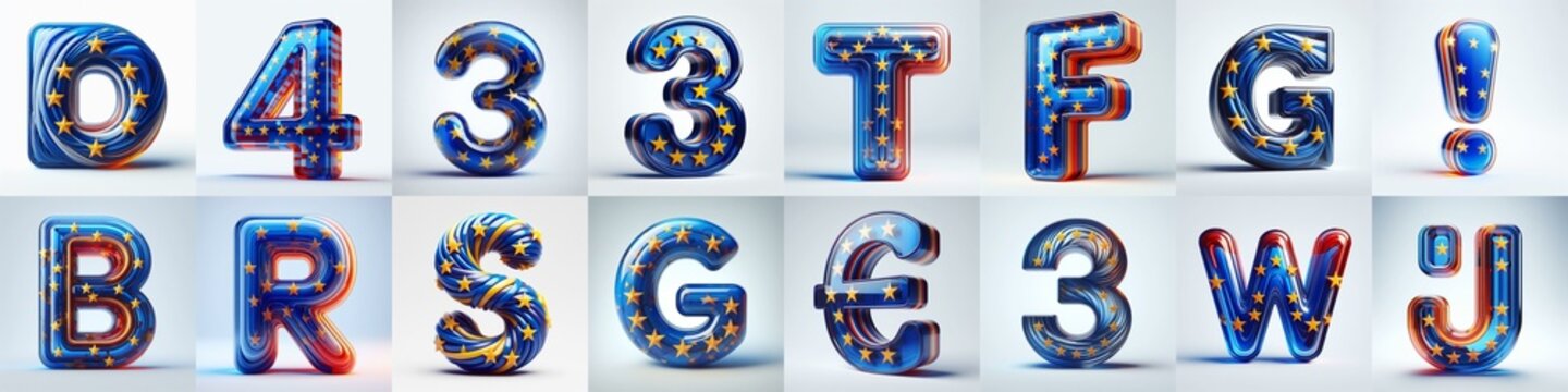 Glass letters shape in colors EU flag 3D Lettering Typeface. AI generated illustration
