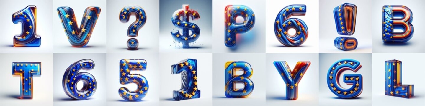 Glass letters shape in colors EU flag 3D Lettering Typeface. AI generated illustration