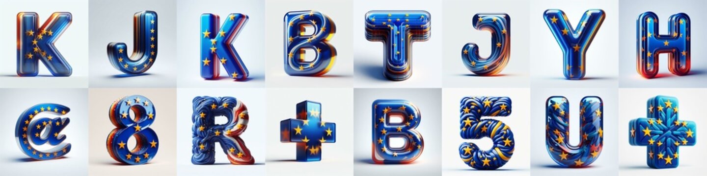 Glass letters shape in colors EU flag 3D Lettering Typeface. AI generated illustration