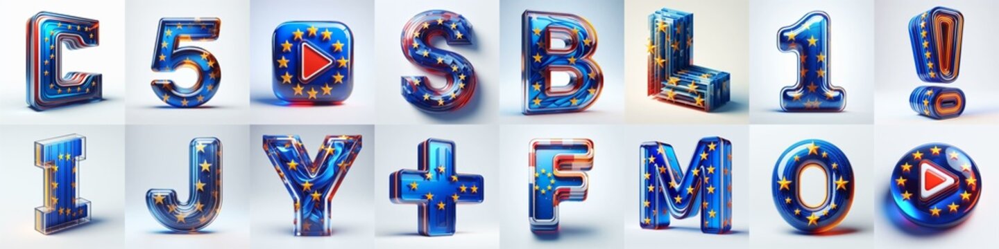Glass letters shape in colors EU flag 3D Lettering Typeface. AI generated illustration
