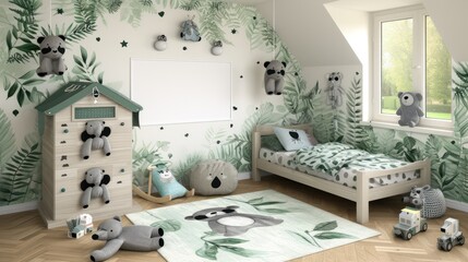 Sticker - a child's room decorated in green and white with a jungle theme, including a bed, dresser, chest of drawers, and stuffed animals.