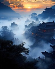 Wall Mural - a group of buildings in the middle of a foggy area with trees in the foreground and a sunset in the background.