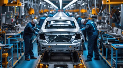 Poster - A car is constructed on an assembly line in a factory, moving on a conveyor belt. AIG41