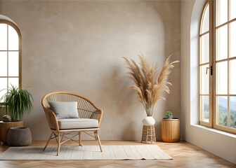 empty beige wall mockup in boho room interier 