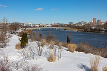 Overlooking Wilmington Riverfront Area After Snow In Winter From Russell Peterson Wildlife Refuge, Wilmington, Delaware	