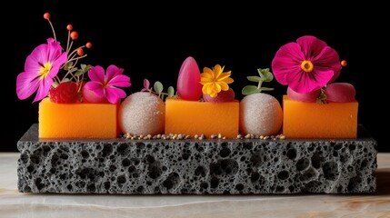 Poster - a close up of a piece of food with flowers in the middle of it on a stone slab on a table.