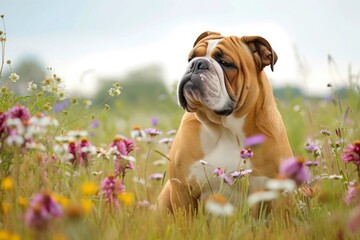 Poster - Bulldog relaxing in flowerfilled field under blue sky