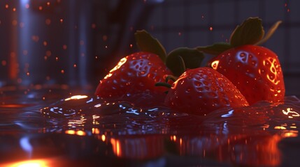 Wall Mural - a close up of a group of strawberries in a pool of water with a lit candle in the background.