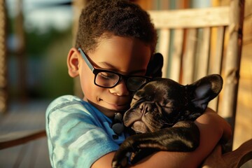 Wall Mural - A young boy is cradling a French Bulldog in his arms