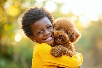 Poster - a young boy is holding a small brown dog in his arms