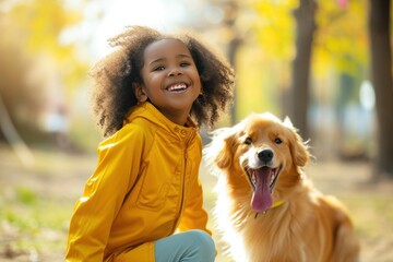 Poster - A happy girl with a big smile sits next to a yellow dog in the park
