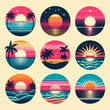 Set of retro sunsets in 80s and 90s style. Abstract sun at beach background with sunny vector and t-shirt design