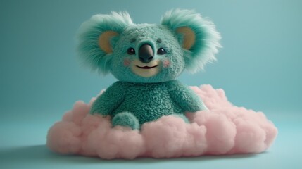 Canvas Print - a stuffed koala bear sitting on top of a cloud of pink and teal colored clouds on a blue background.