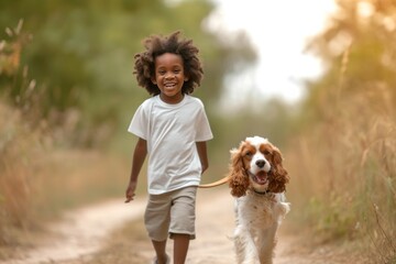 Wall Mural - a young boy is walking a dog on a dirt path