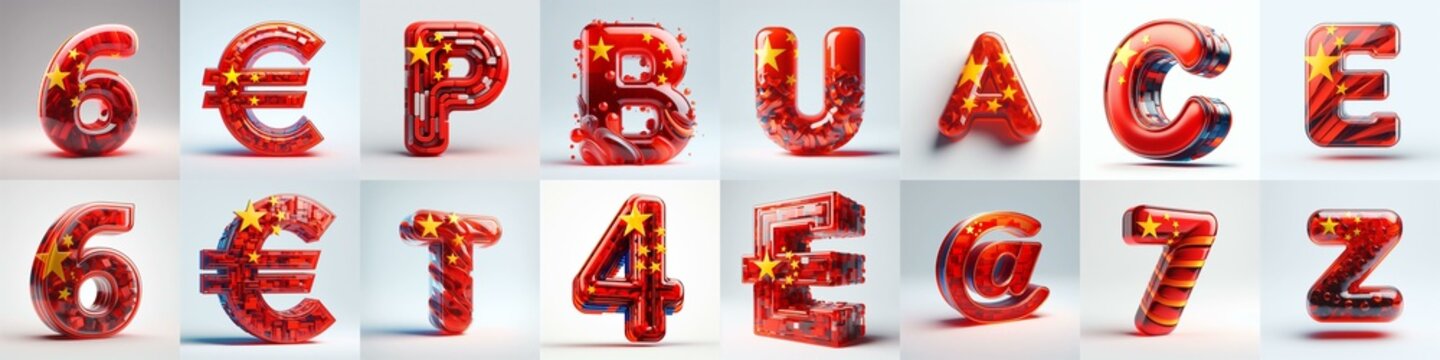Glass letters shape in colors China flag 3D Lettering Typeface. AI generated illustration