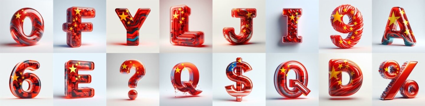 Glass letters shape in colors China flag 3D Lettering Typeface. AI generated illustration