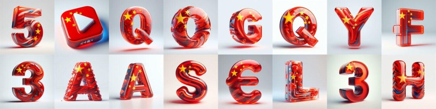 Glass letters shape in colors China flag 3D Lettering Typeface. AI generated illustration