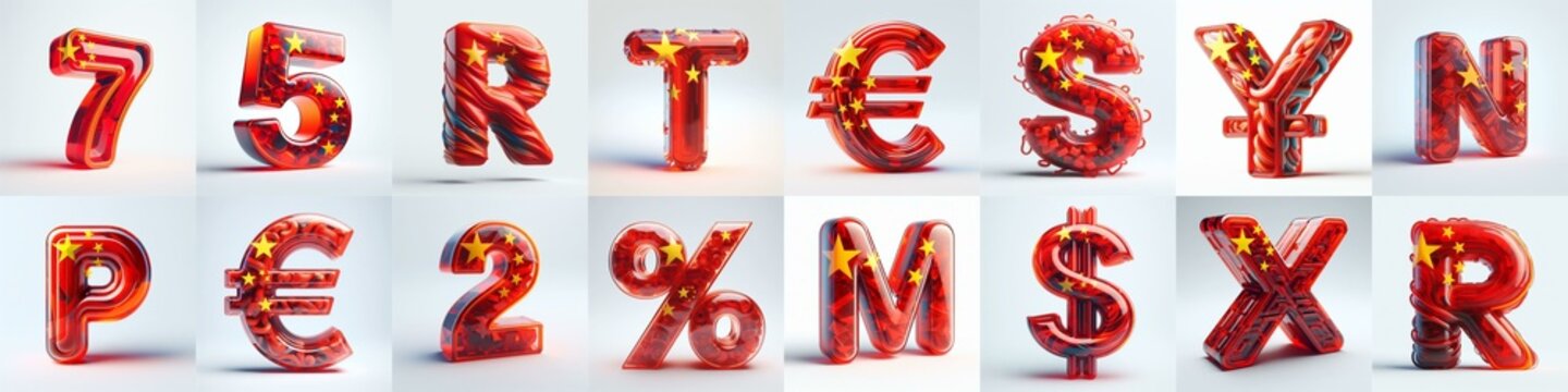 Glass letters shape in colors China flag 3D Lettering Typeface. AI generated illustration
