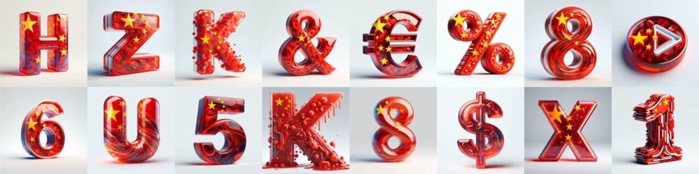 Glass letters shape in colors China flag 3D Lettering Typeface. AI generated illustration