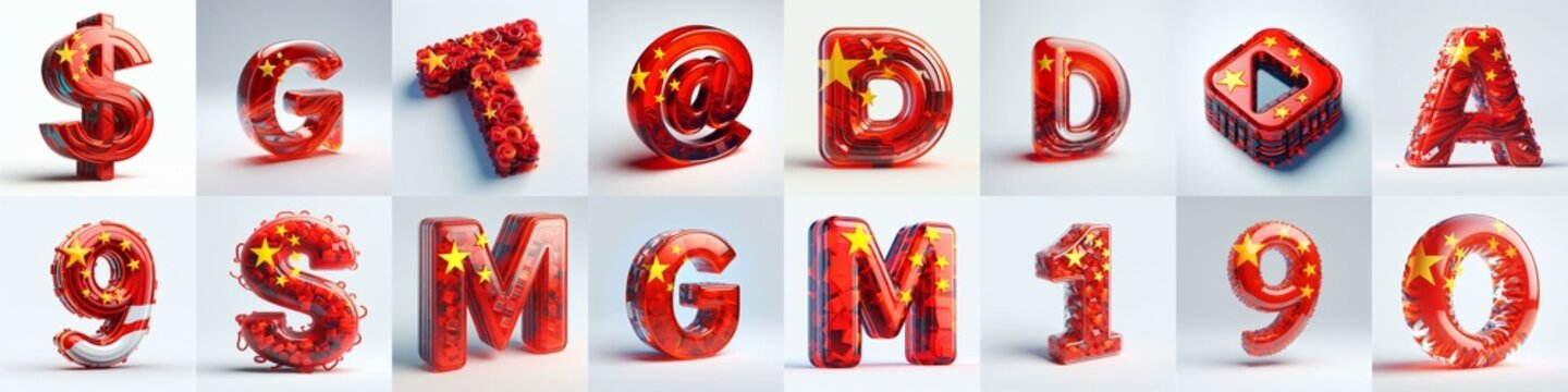 Glass letters shape in colors China flag 3D Lettering Typeface. AI generated illustration