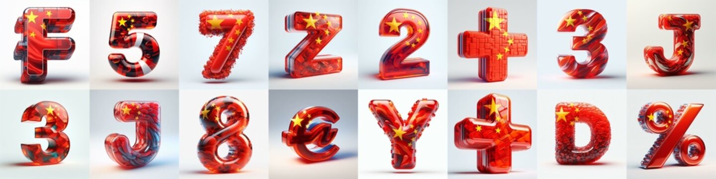 Glass letters shape in colors China flag 3D Lettering Typeface. AI generated illustration