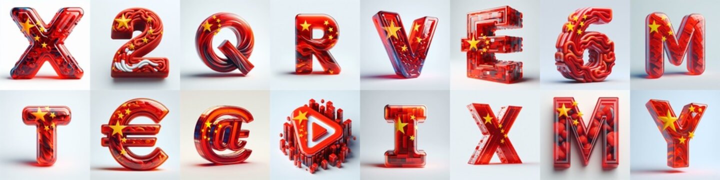 Glass letters shape in colors China flag 3D Lettering Typeface. AI generated illustration