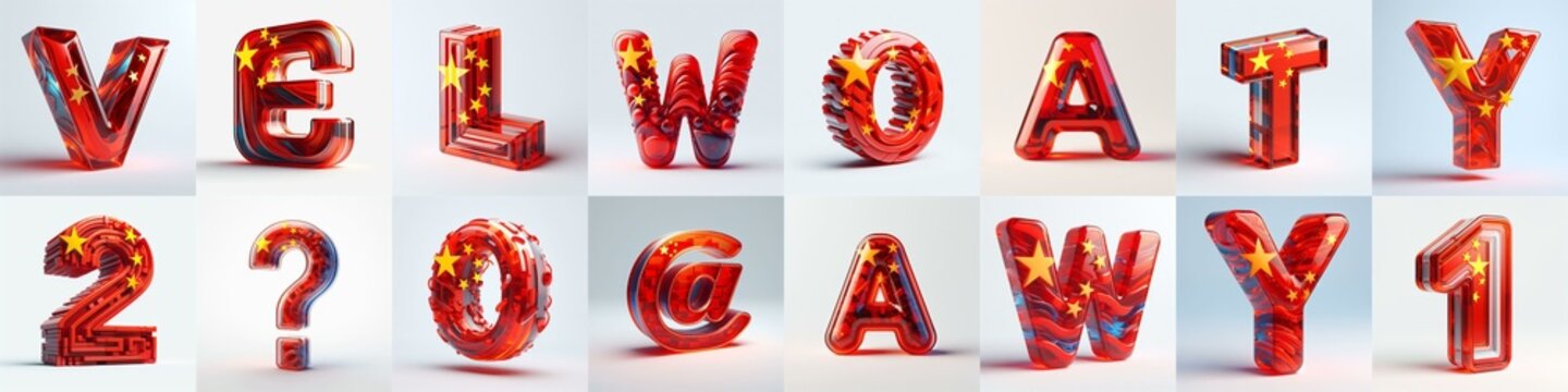 Glass letters shape in colors China flag 3D Lettering Typeface. AI generated illustration