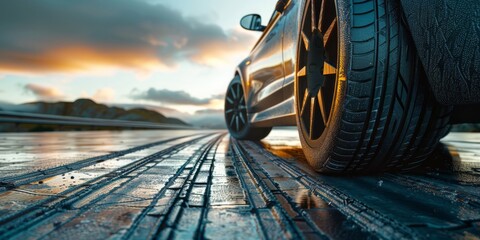 Dynamic Close-Up of a Car Tire on a Wet Road, Capturing the Essence of Travel and Motion at Sunset, Generative AI