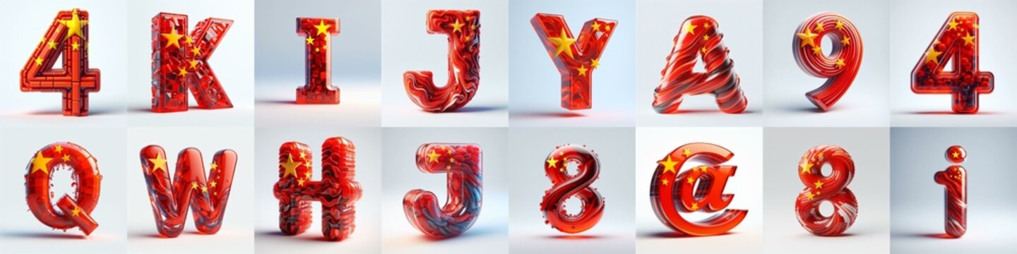 Glass letters shape in colors China flag 3D Lettering Typeface. AI generated illustration