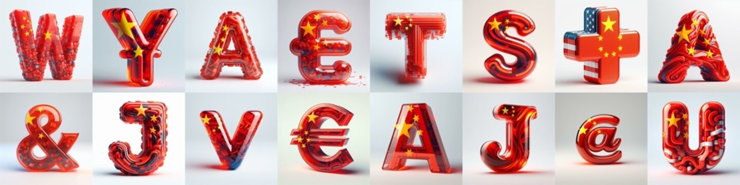 Glass letters shape in colors China flag 3D Lettering Typeface. AI generated illustration