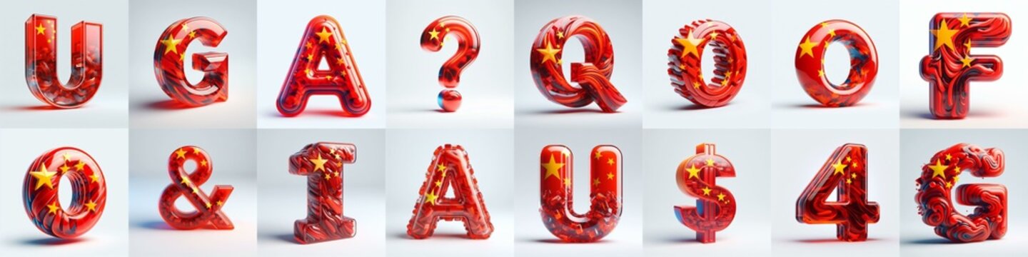 Glass letters shape in colors China flag 3D Lettering Typeface. AI generated illustration