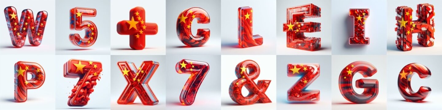 Glass letters shape in colors China flag 3D Lettering Typeface. AI generated illustration
