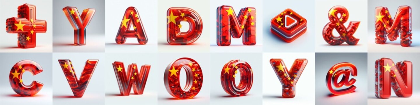 Glass letters shape in colors China flag 3D Lettering Typeface. AI generated illustration