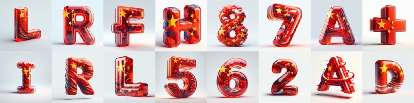 Glass letters shape in colors China flag 3D Lettering Typeface. AI generated illustration