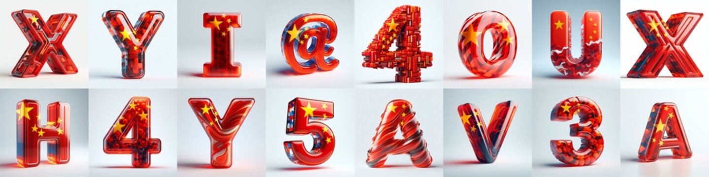 Glass letters shape in colors China flag 3D Lettering Typeface. AI generated illustration