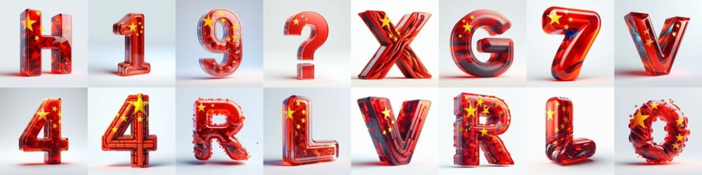 Glass letters shape in colors China flag 3D Lettering Typeface. AI generated illustration