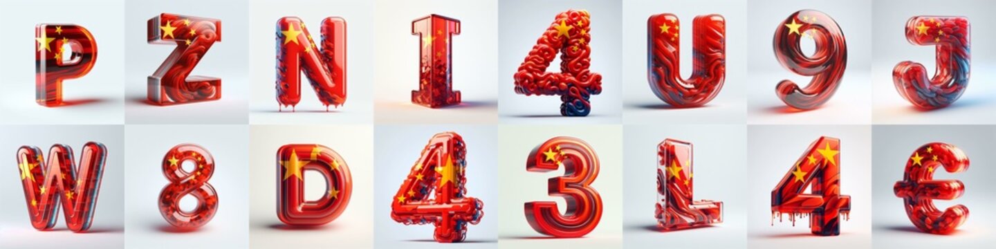 Glass letters shape in colors China flag 3D Lettering Typeface. AI generated illustration