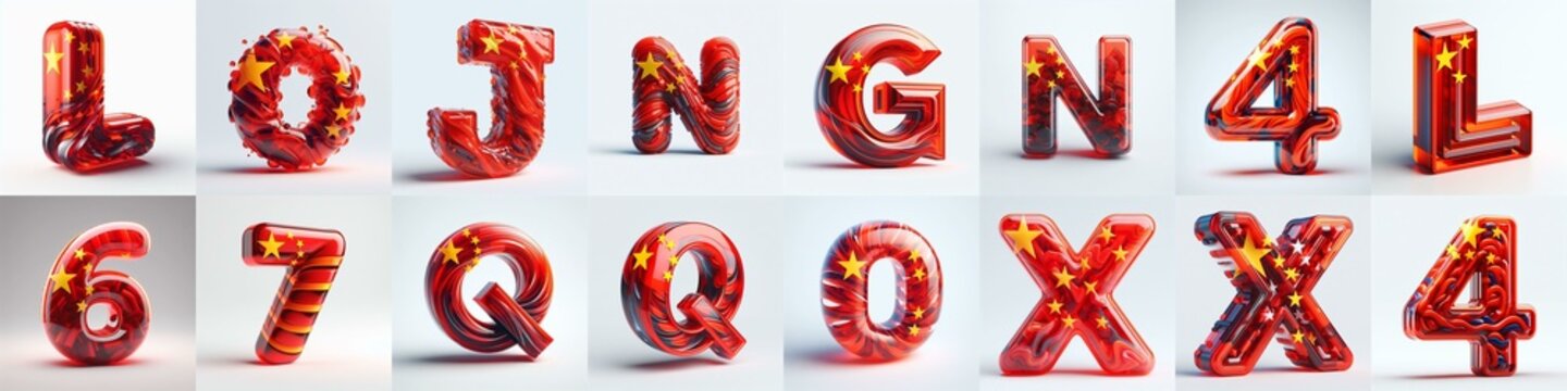 Glass letters shape in colors China flag 3D Lettering Typeface. AI generated illustration
