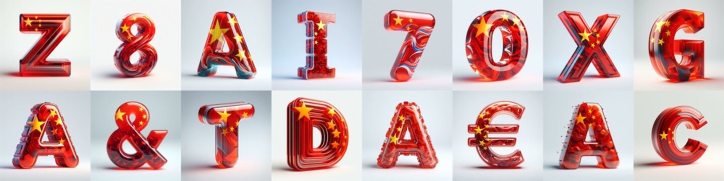 Glass letters shape in colors China flag 3D Lettering Typeface. AI generated illustration