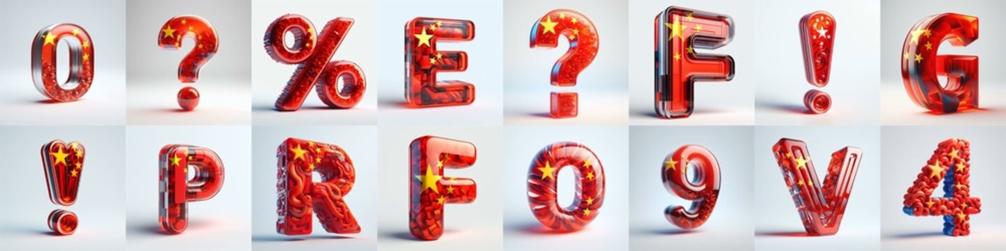 Glass letters shape in colors China flag 3D Lettering Typeface. AI generated illustration