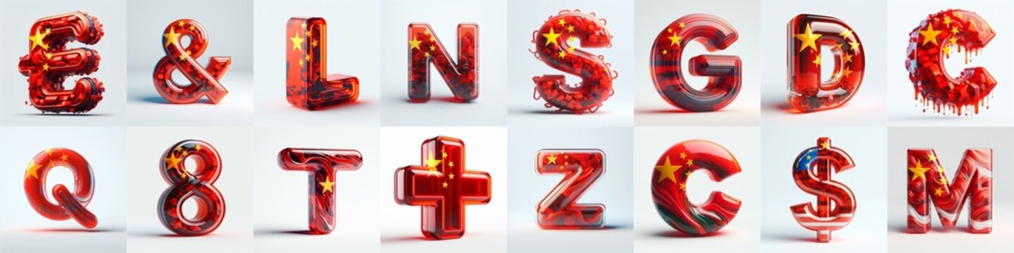 Glass letters shape in colors China flag 3D Lettering Typeface. AI generated illustration
